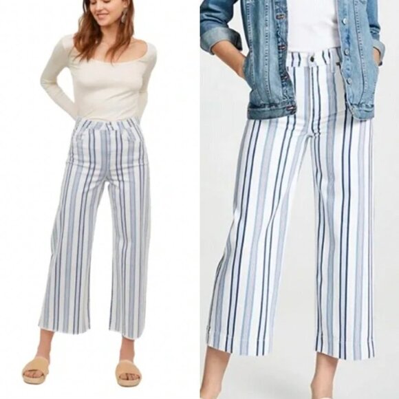 ☀️ H&M White Blue Striped High Rise Ankle Jeans XS Casual Boho Indie Everyday - Picture 1 of 6